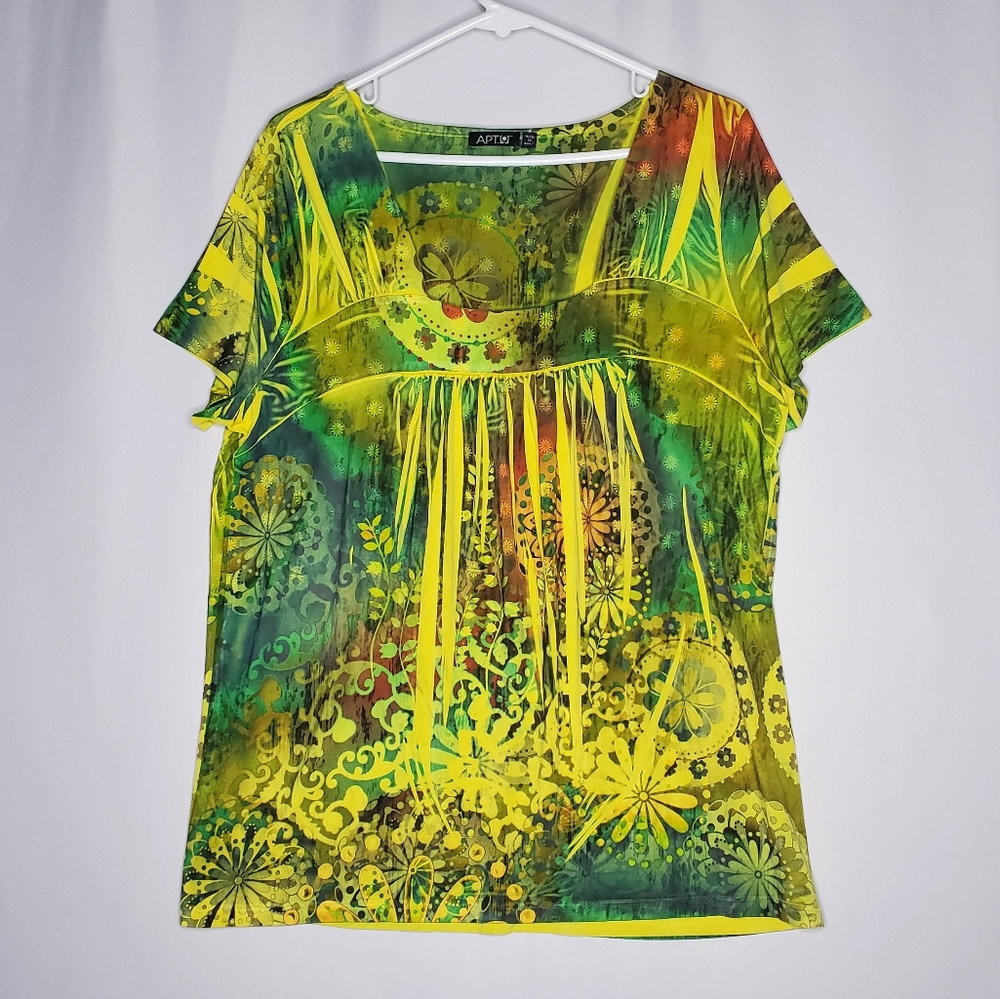 Apt 9 Top 1X Green Yellow Floral Stretch Short Sleeve Square Neck Hippie Boho‎